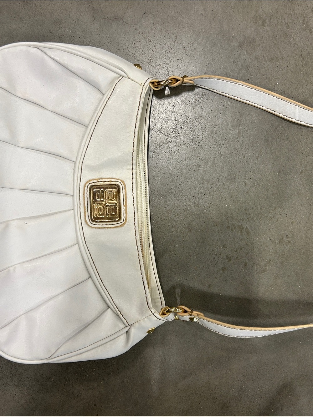 attention White Pleated Shoulder Bag with Gold Hardware